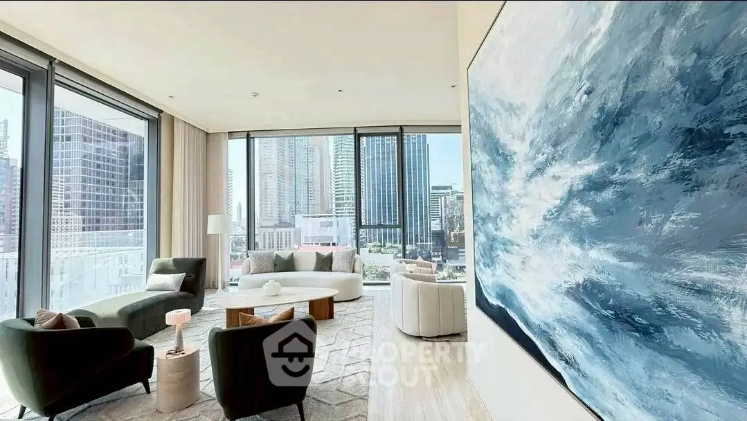 Luxurious modern living room with stunning city view and elegant decor