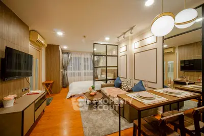Modern studio apartment with open layout, stylish decor, and cozy ambiance.