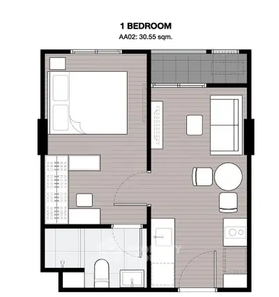 Modern 1-bedroom apartment floor plan with open living area and compact design.
