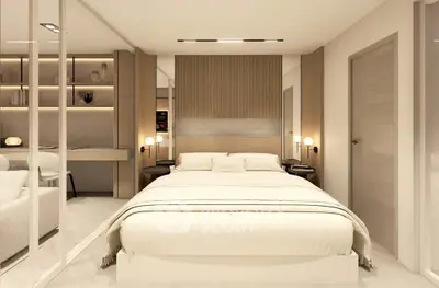 Luxurious modern bedroom with elegant decor and ambient lighting