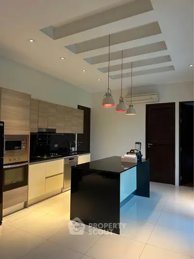 Modern kitchen with sleek black island and stylish lighting