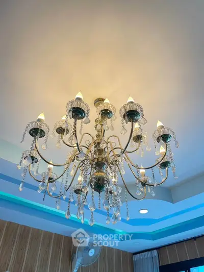 Elegant chandelier with crystal accents in a modern living room setting