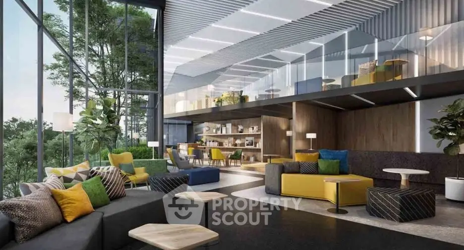 Luxurious modern living room with vibrant decor and expansive glass windows