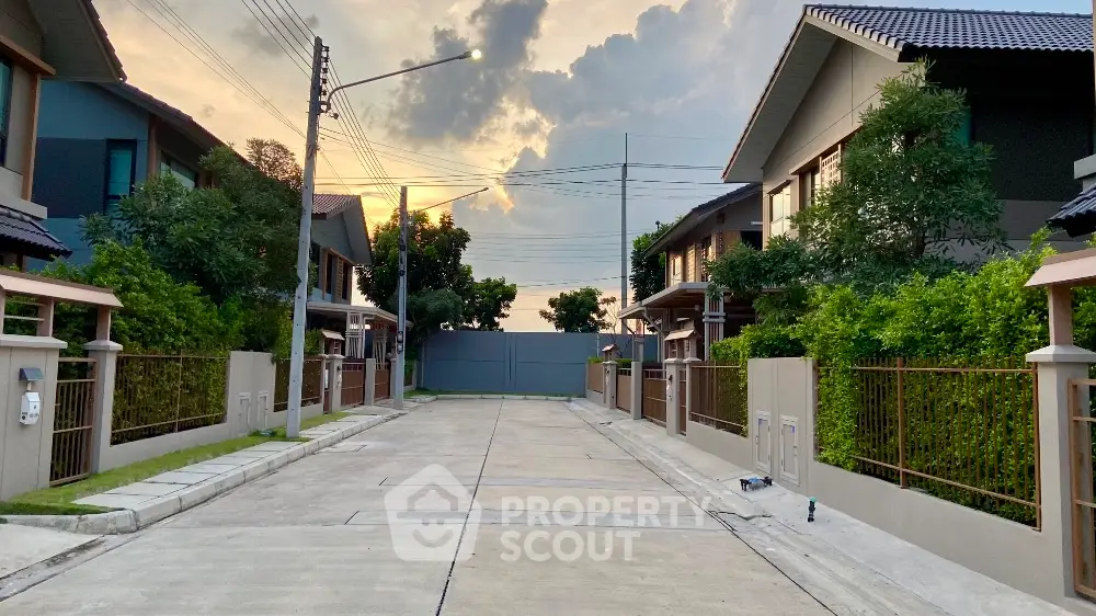 Charming suburban neighborhood with modern houses and lush greenery at sunset.