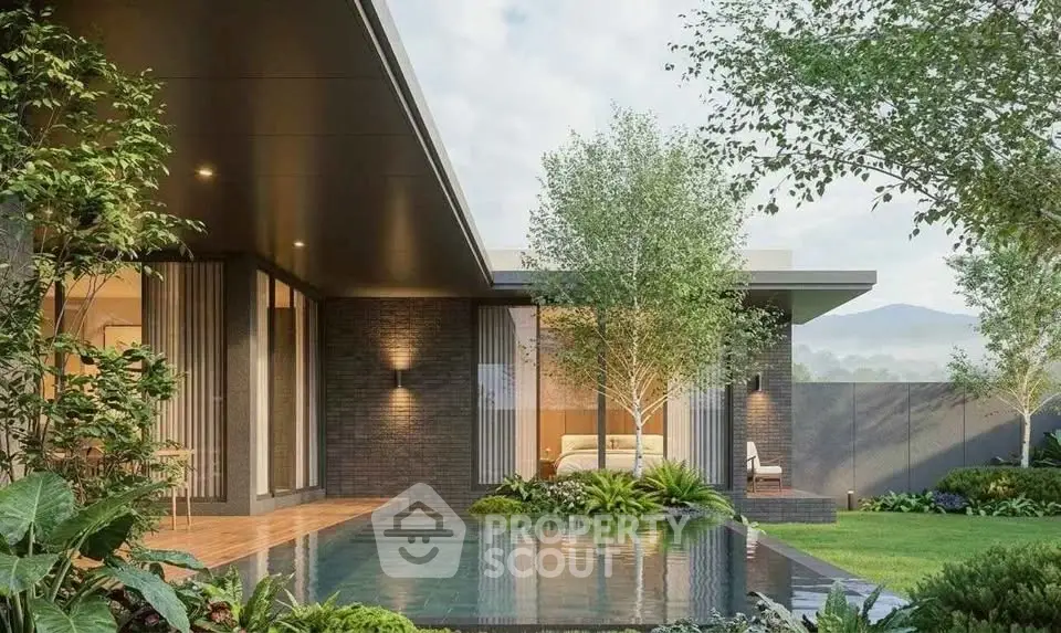Luxurious modern home with stunning garden and pool view, perfect for serene living.