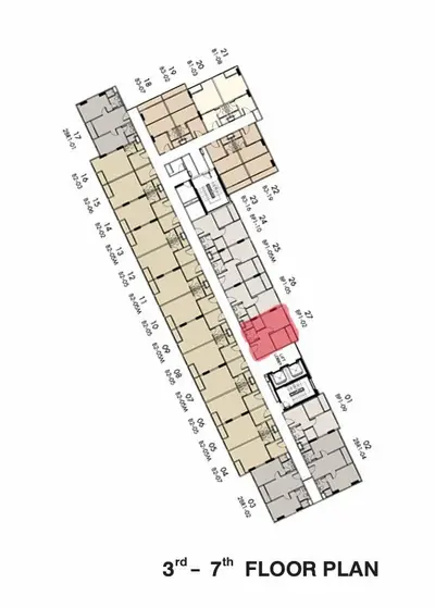 Detailed floor plan of a multi-unit residential building from 3rd to 7th floor.