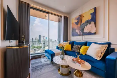 Luxurious living room with stunning city view, modern decor, and vibrant blue sofa in high-rise apartment.