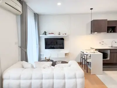 Modern living room with cozy white sofa and open kitchen layout, featuring sleek cabinetry and stylish decor.