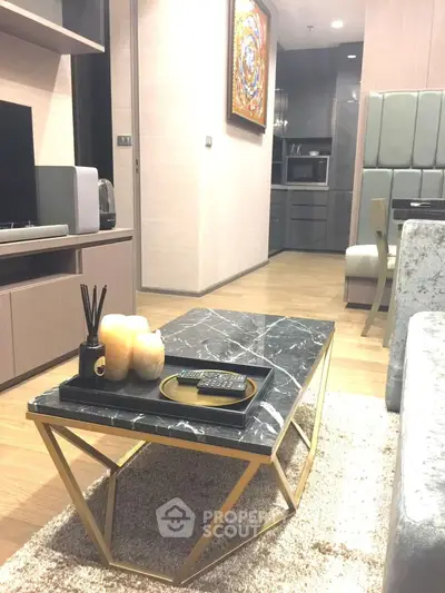 Modern living room with elegant marble coffee table and stylish decor