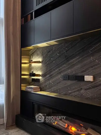 Luxurious modern living room with elegant fireplace and sleek shelving