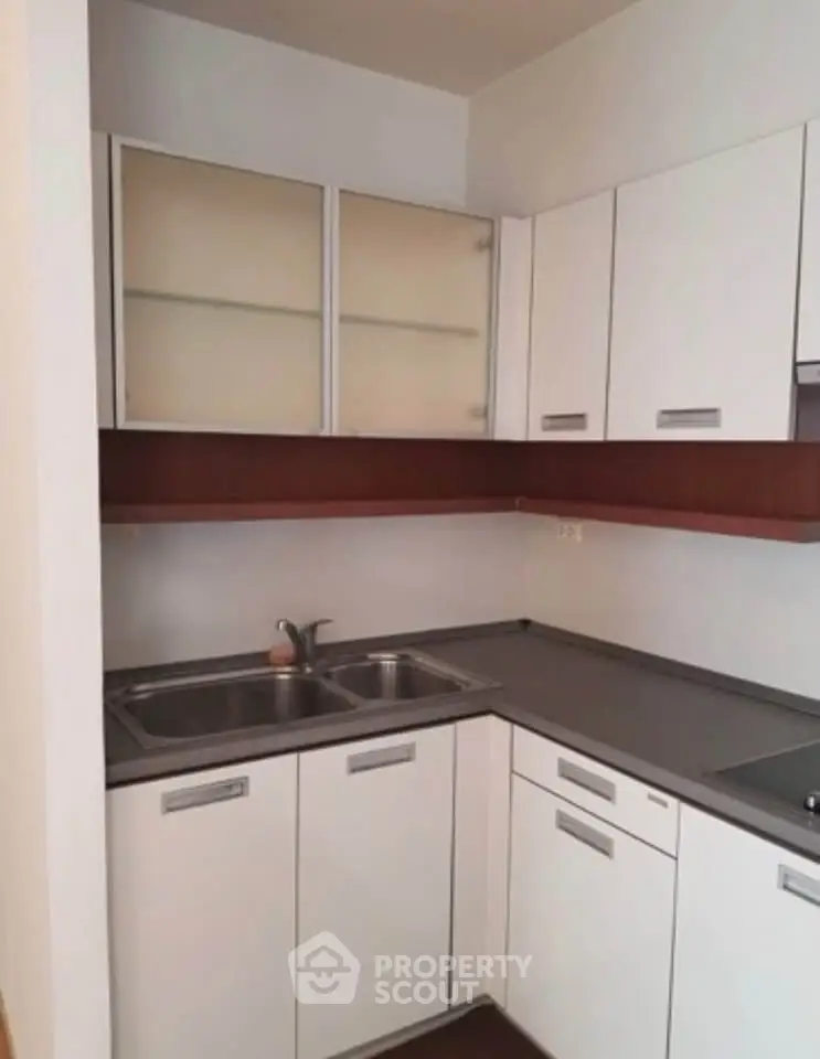 Modern kitchen with sleek white cabinets and dual sink in a compact layout.