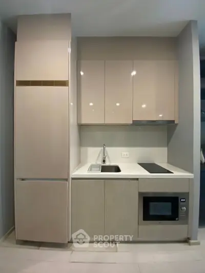 Modern compact kitchen with sleek cabinetry and built-in appliances