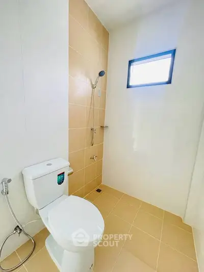 Modern minimalist bathroom with shower and toilet in bright natural light.