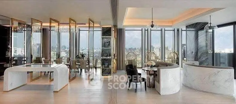 Luxurious open-plan living and dining area with panoramic city views and modern design.