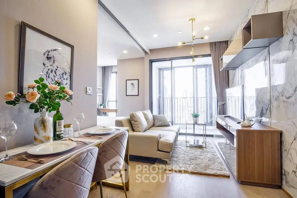 Modern living room with elegant decor and balcony view in luxury apartment