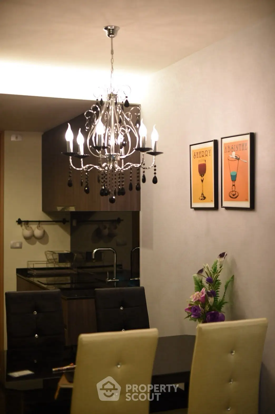 Elegant dining area with chandelier and modern decor