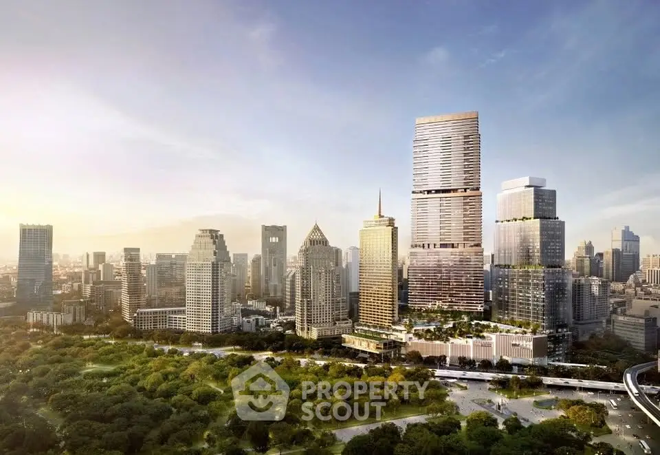 Stunning cityscape view of modern skyscrapers with lush green park in the foreground, showcasing urban luxury.