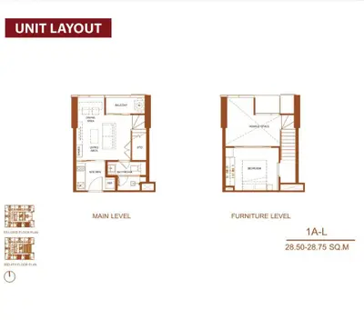 Modern unit layout plan showcasing main and furniture levels with balcony and bedroom.