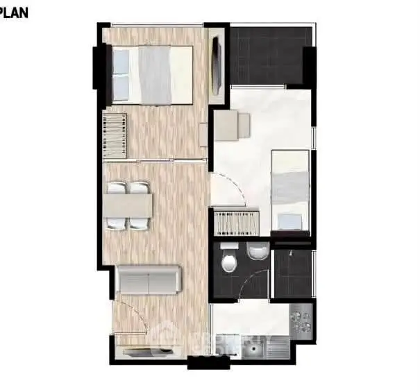 Modern apartment floor plan with two bedrooms, open living area, and compact kitchen layout.