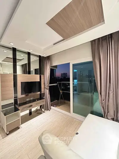 Modern living room with city view and stylish decor