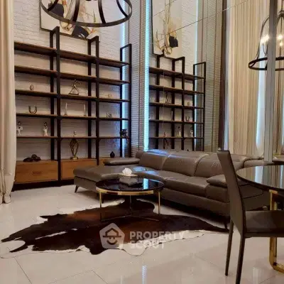 Luxurious living room with modern decor and high ceilings