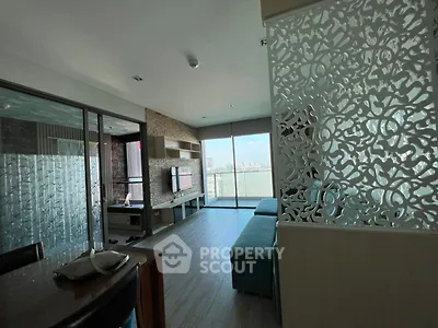 Spacious modern living room with city view and stylish partition