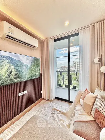 Modern living room with balcony view and stylish decor