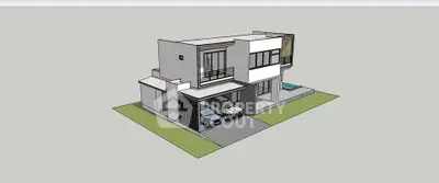 Modern architectural 3D rendering of a two-story house with carport and green lawn.