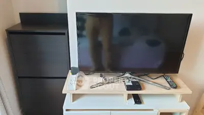 Modern living room setup with sleek TV and storage unit, perfect for cozy entertainment.