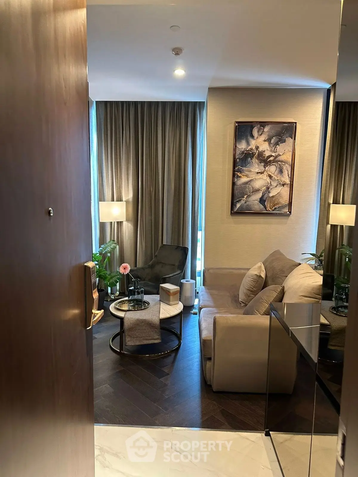 Luxurious living room with elegant decor and cozy seating area