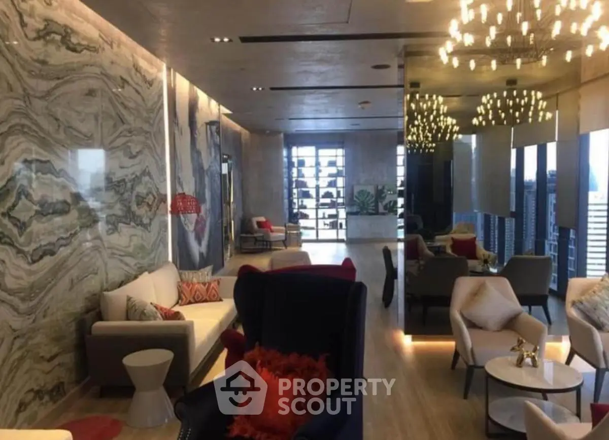 Luxurious modern living room with elegant lighting and stunning city view