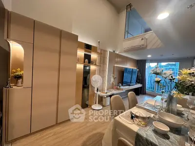Modern living room with stylish dining area and elegant decor