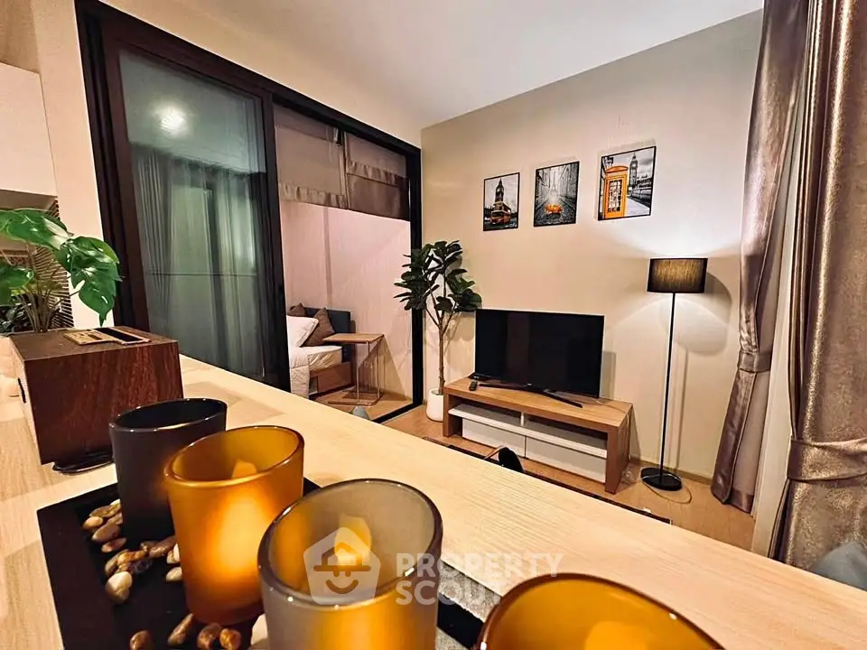 Stylish modern living room with cozy decor and ambient lighting