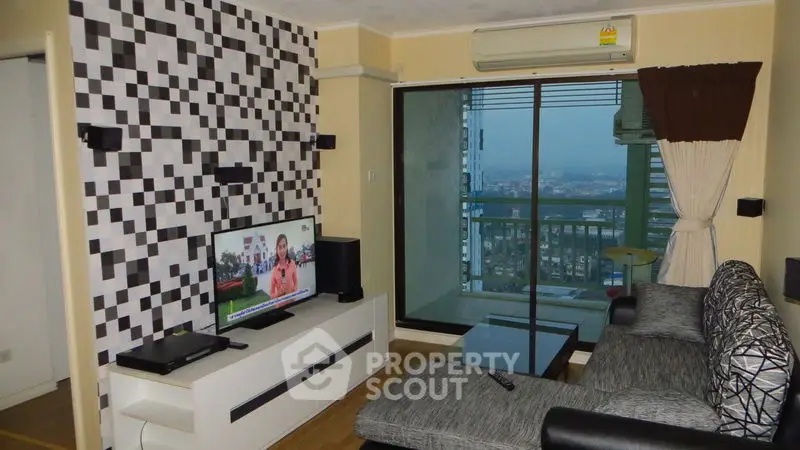 Modern living room with balcony view and stylish decor