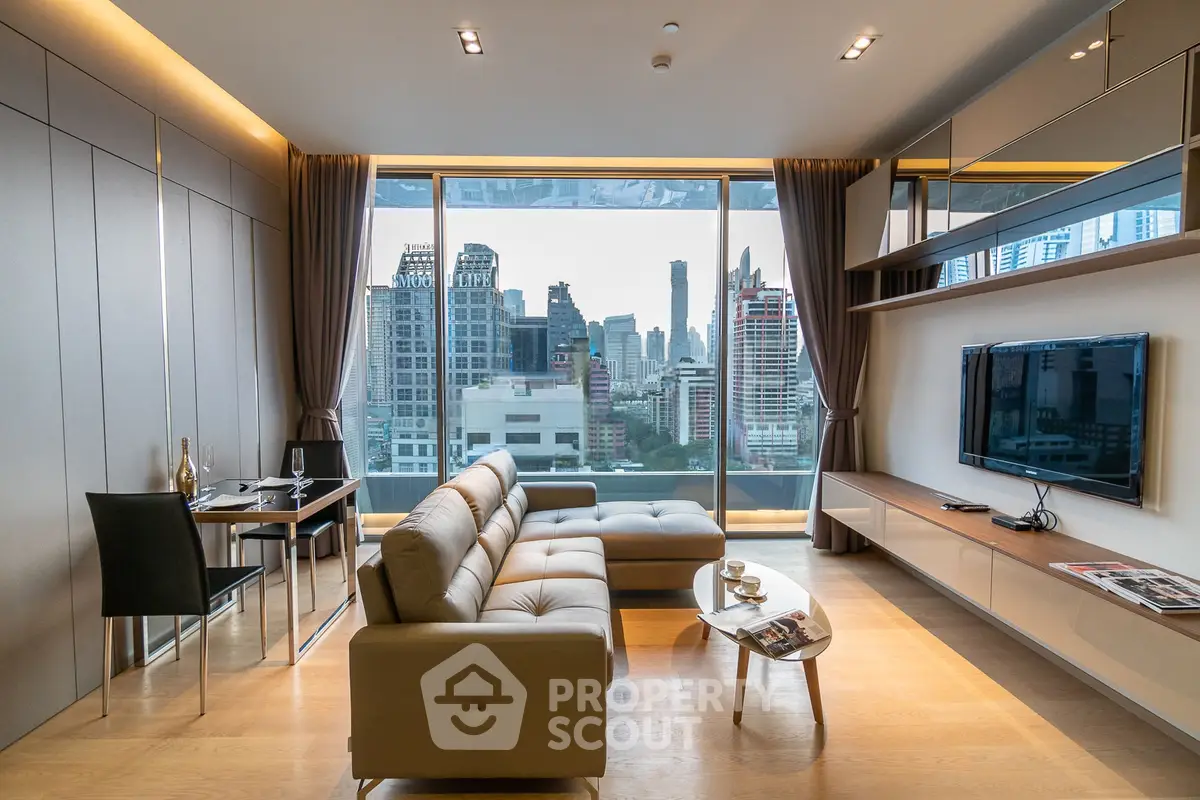 Luxurious modern living room with stunning city view, sleek furniture, and elegant decor in high-rise apartment.