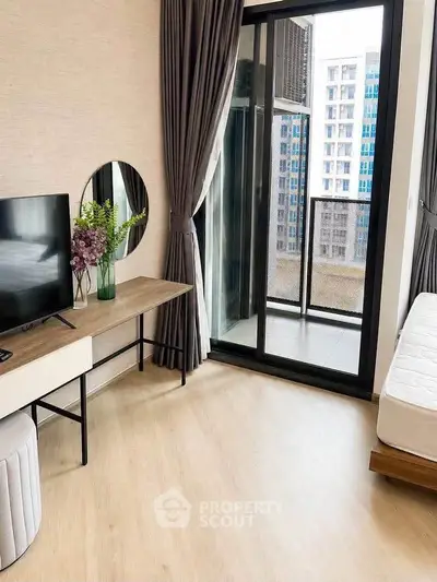 Modern bedroom with balcony view in urban apartment