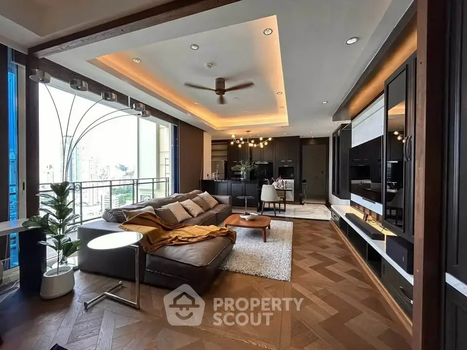Luxurious modern living room with open layout and city view, featuring elegant decor and spacious seating area.