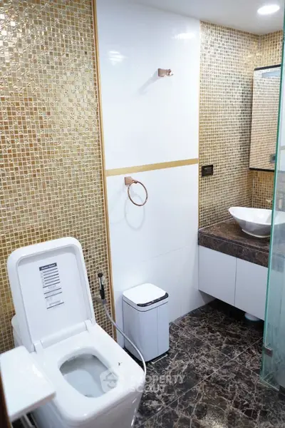 Luxurious modern bathroom with mosaic tiles and elegant fixtures