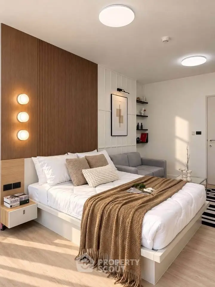Modern bedroom with stylish decor, cozy bed, and elegant lighting in a contemporary apartment.