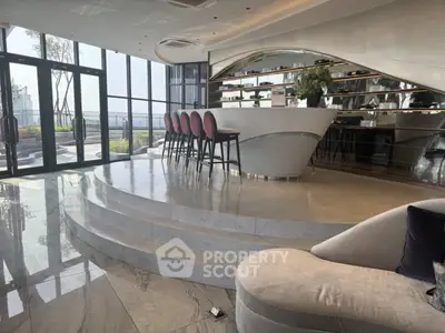 Luxurious modern living room with sleek bar and panoramic city view