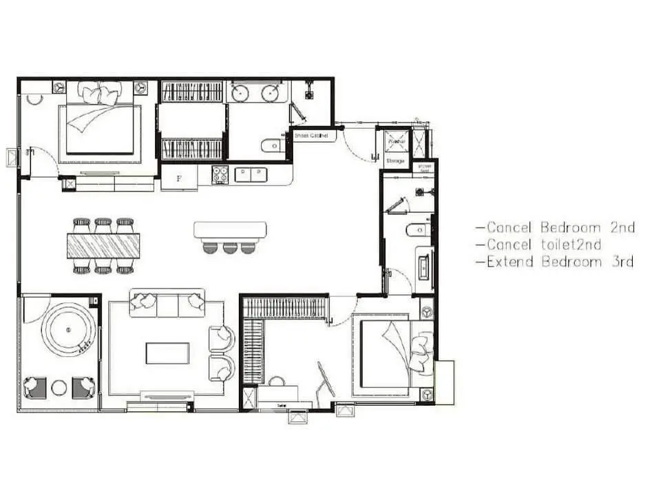 Architectural floor plan with detailed room layout and design modifications.