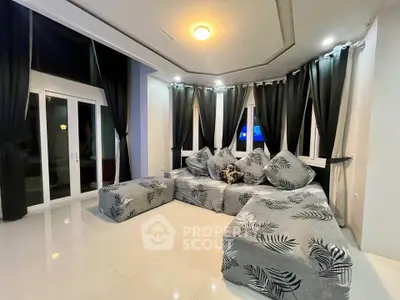 Spacious modern living room with stylish corner sofa and elegant curtains