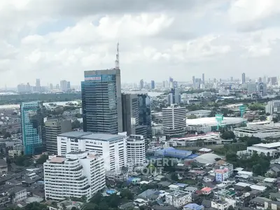 Stunning cityscape view showcasing modern skyscrapers and urban landscape under a cloudy sky.
