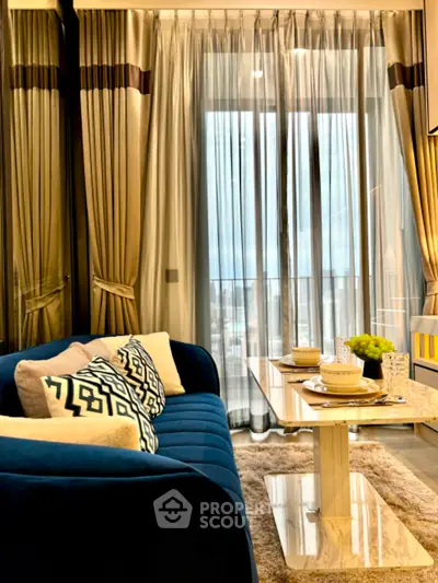 Luxurious living room with elegant decor and city view
