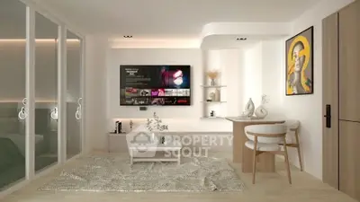 Modern living room with stylish decor and wall-mounted TV