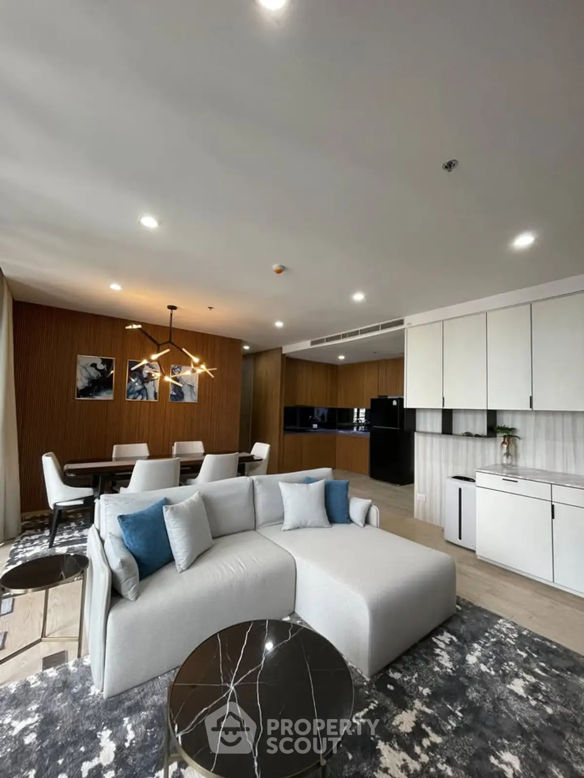 Modern open-plan living room and kitchen with elegant decor and ample natural light.