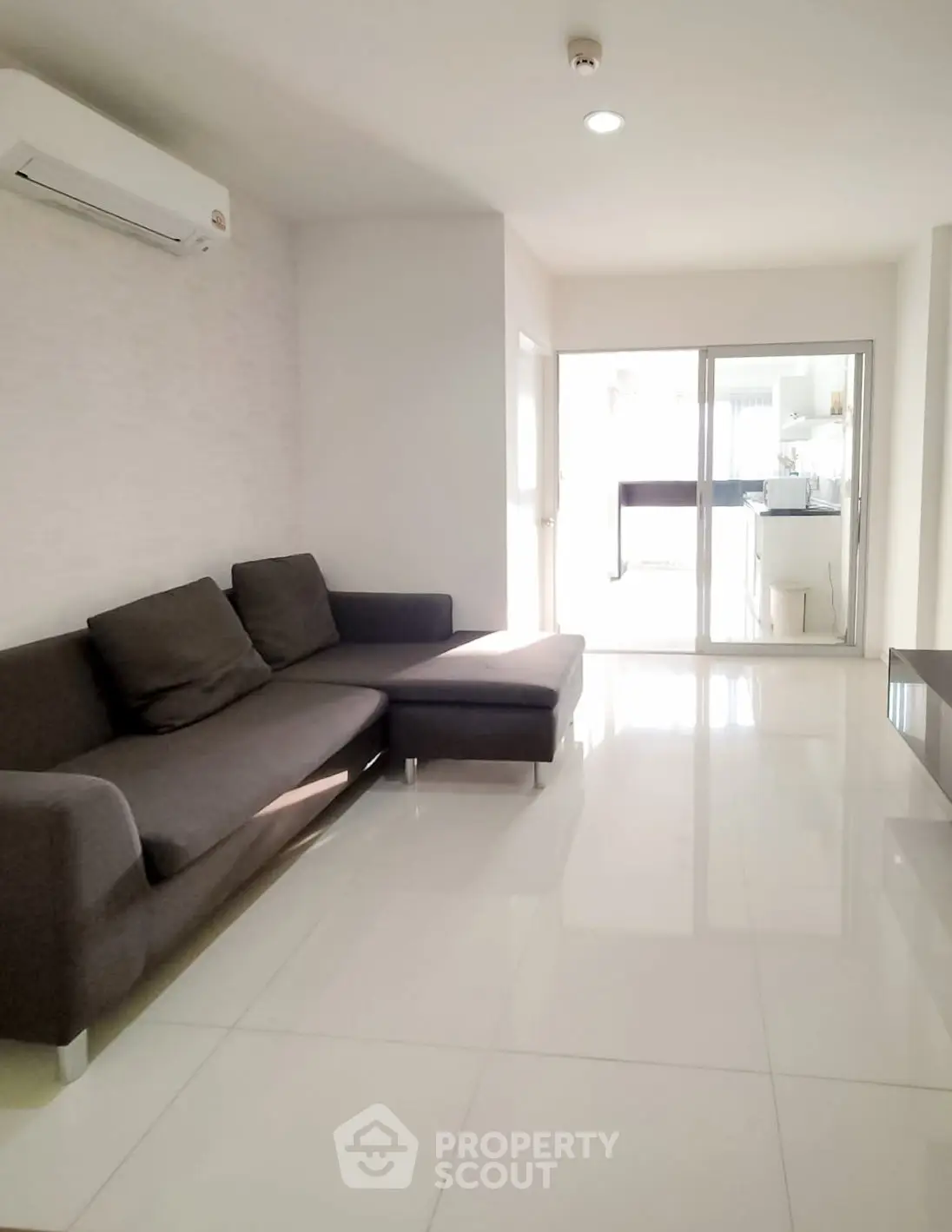 Spacious modern living room with sleek sofa and bright natural light