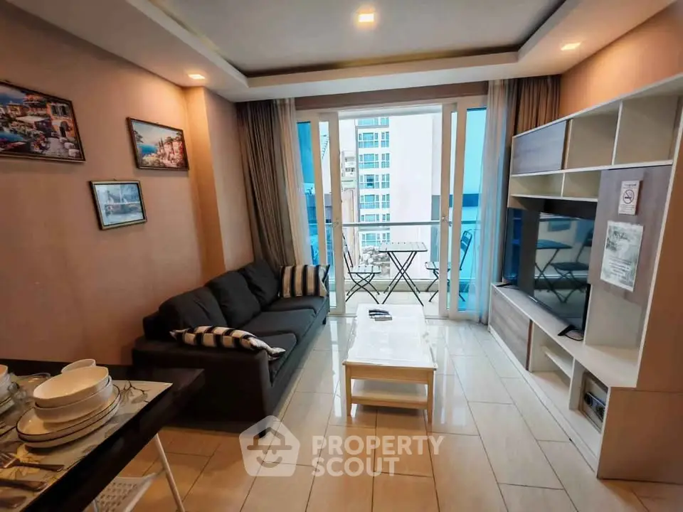 Modern living room with balcony and sea view in a stylish apartment