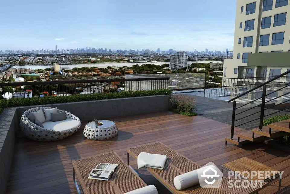 Stunning rooftop terrace with panoramic city views and modern outdoor seating.