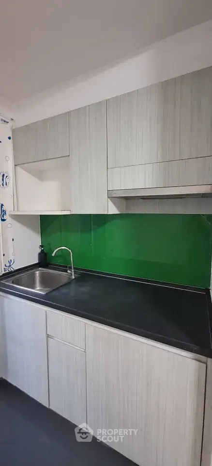 Modern kitchen with sleek cabinetry and vibrant green backsplash